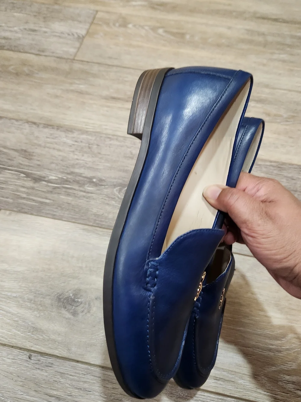 Cole Haan Navy Pinch Lobster Leather Loafers with Gold Emblem Size 6 - Picture 9 of 14